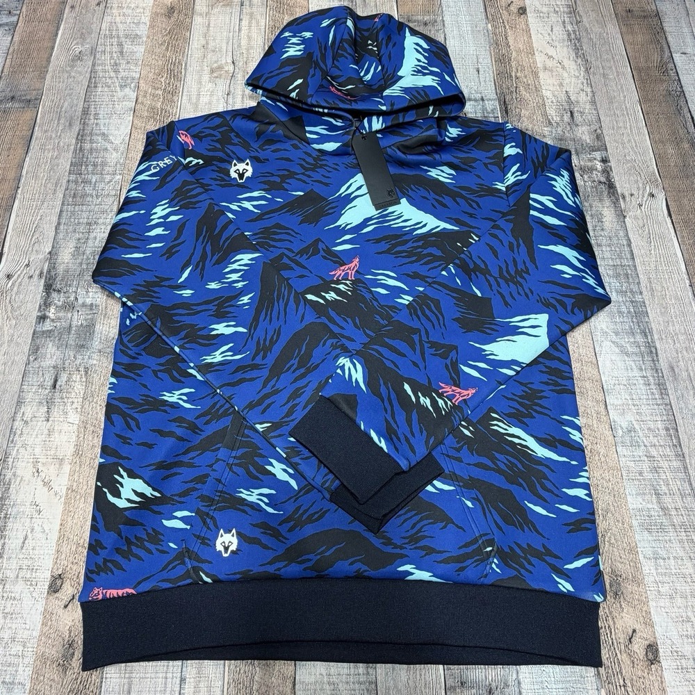 NWT Greyson Hoodie Mens Large Blue Peace Maker Chene Performance Golf Wolf AOP
